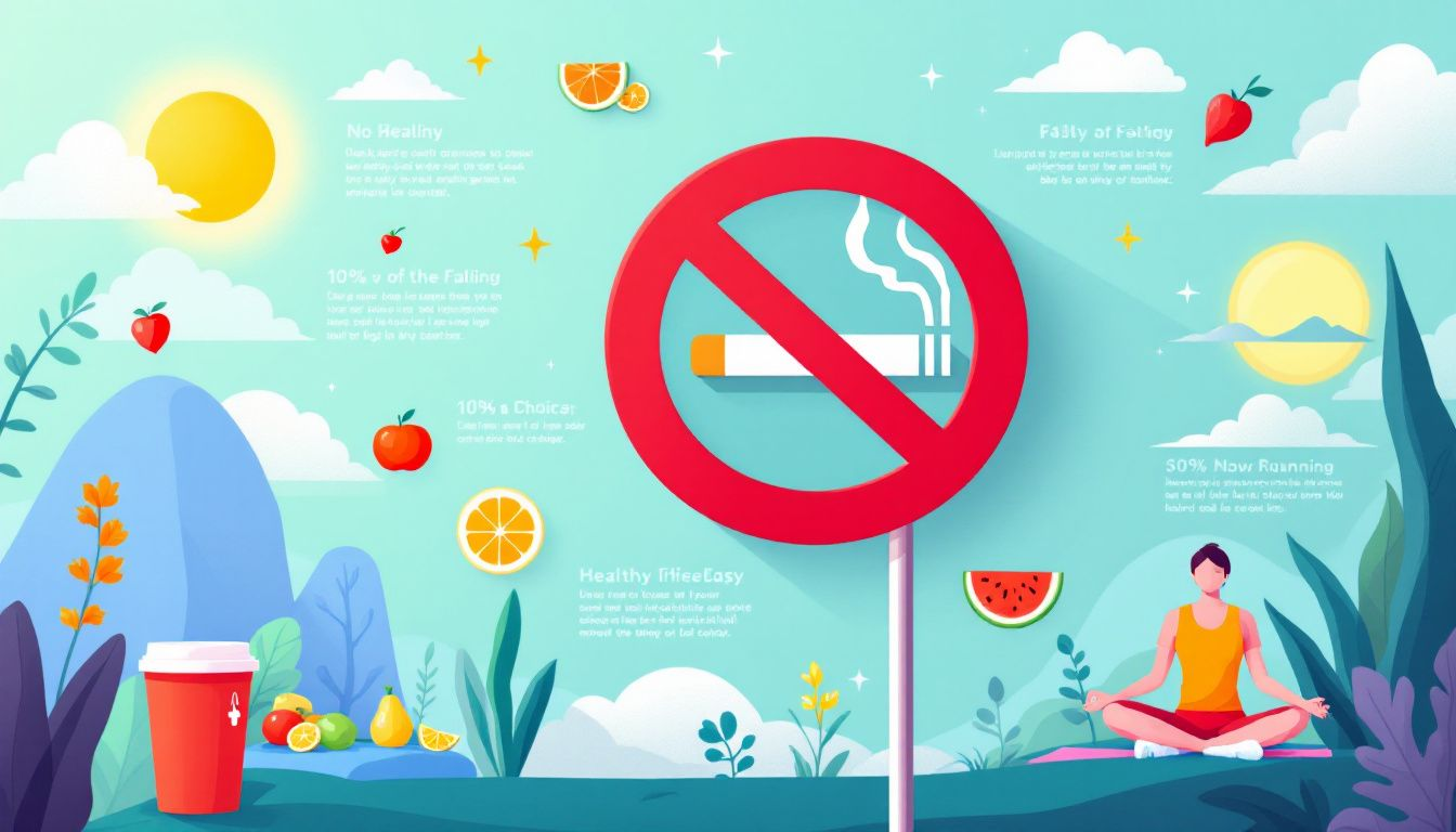 A no smoking sign with a background of healthy lifestyle choices.