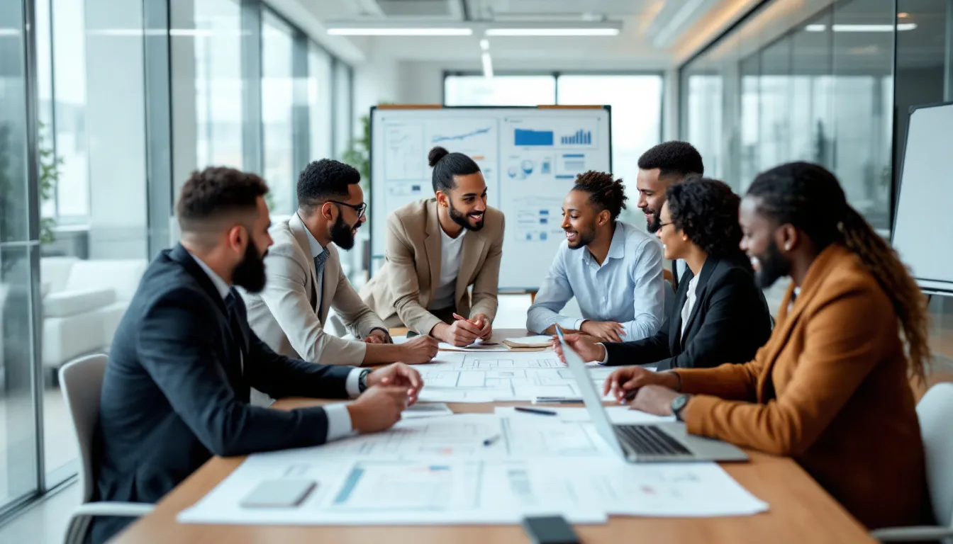 In a professional meeting, a diverse group of team members, including architects, engage in a discussion about building plans, focusing on the process of developing efficient structures and overcoming challenges to achieve their goals. The atmosphere is collaborative, highlighting the unique strengths and knowledge each member brings to the table as they work together to leverage their combined expertise for future projects.