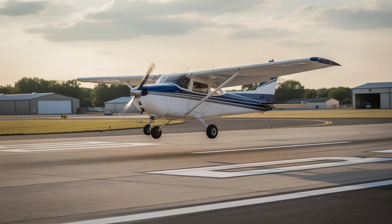A Cessna 172 aircraft is on a short final approach to a runway with full flaps extended, preparing for a safe landing while maintaining control and situational awareness. The aircraft is positioned to align with the runway centerline, demonstrating the skills of student pilots under the guidance of a flight instructor.