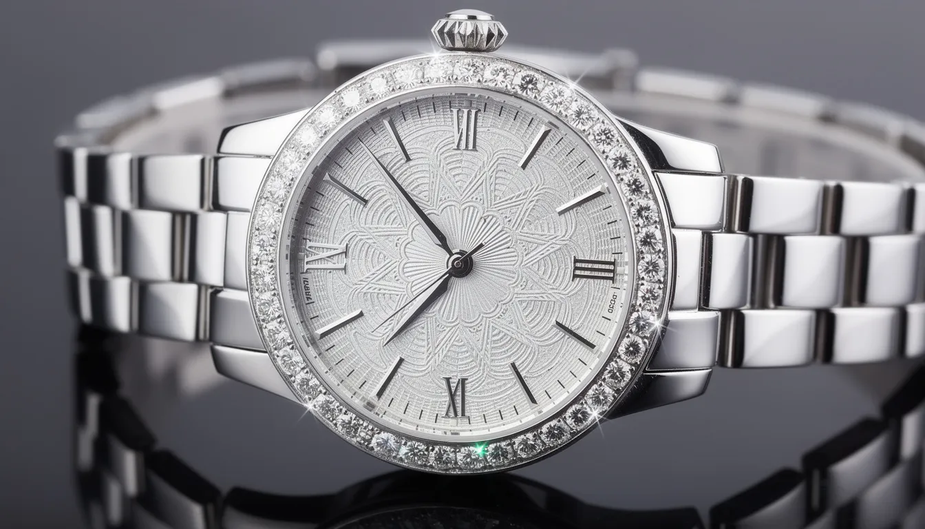 A close-up photograph of a luxury women's watch highlights the intricate details of its dial, adorned with a diamond bezel and polished bracelet links, reflecting the elegance and sophistication that characterize the luxury watch market. This image showcases the growing consumer demand for women's watches, a rapidly expanding segment within the global luxury watch industry.