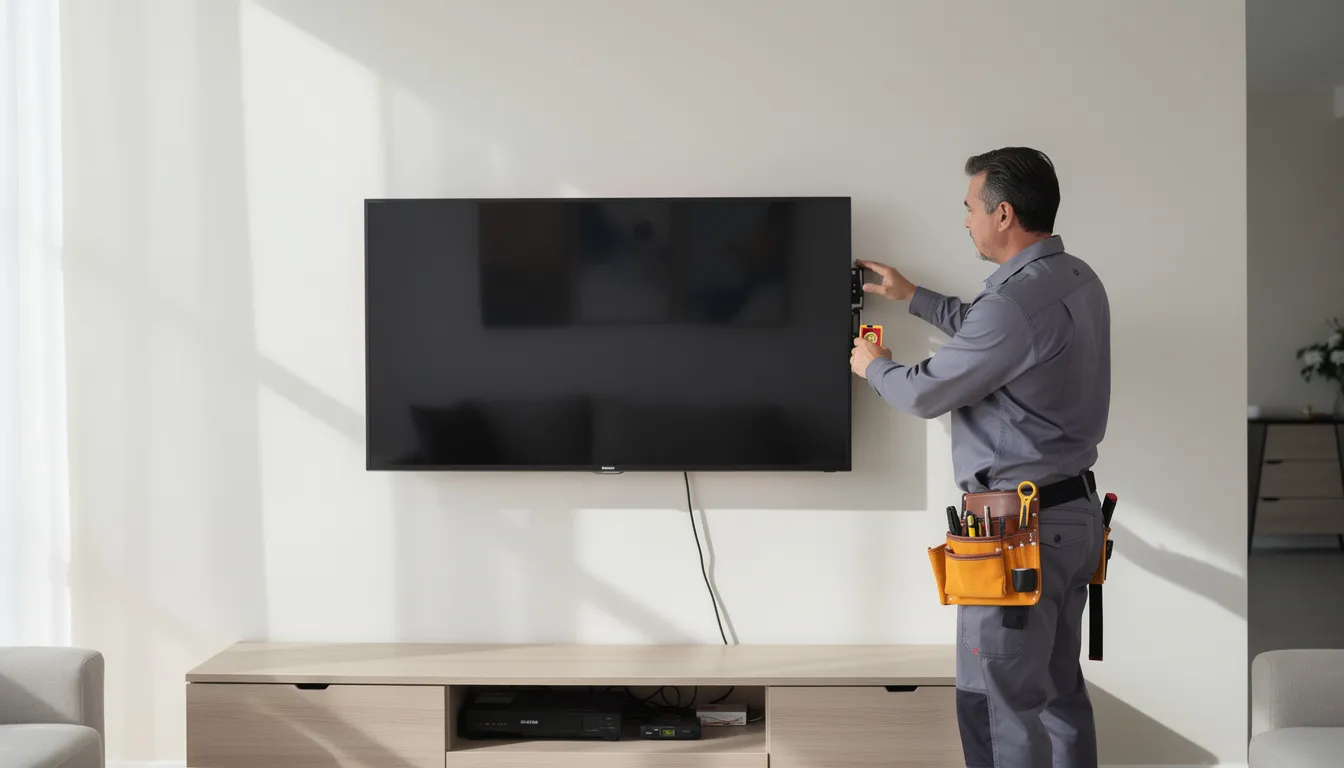 A technician is carefully mounting a flat-screen TV on a wall, ensuring it is securely attached for optimal viewing. This professional service is part of the dstv installation process, where skilled dstv installers provide installation solutions for satellite TV setups.