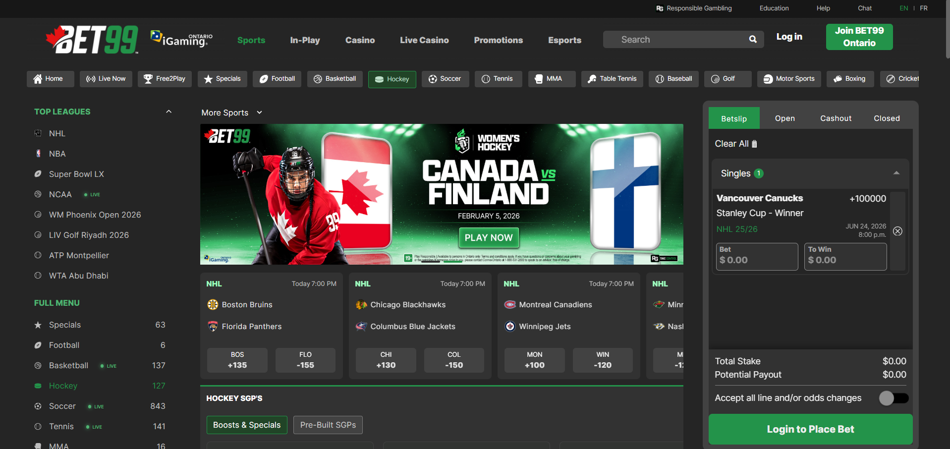A desktop view screenshot of BET99's hockey betting page.