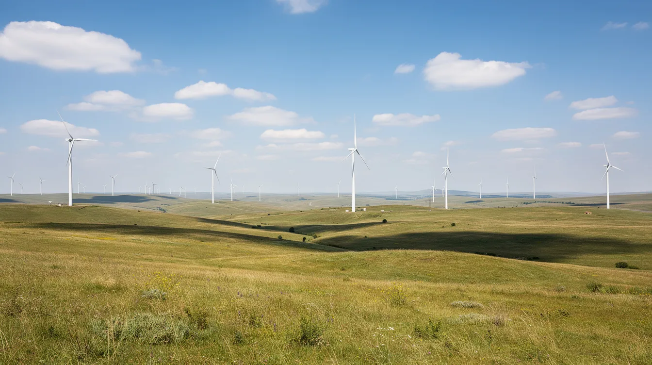 A wide view of multiple wind turbines stands tall on expansive grassland plains, surrounded by a clear blue sky dotted with scattered clouds, symbolizing the growth of renewable energy projects. This scene highlights the importance of wind energy in the transition to sustainable power generation and the role of independent power producers in developing utility-scale projects.
