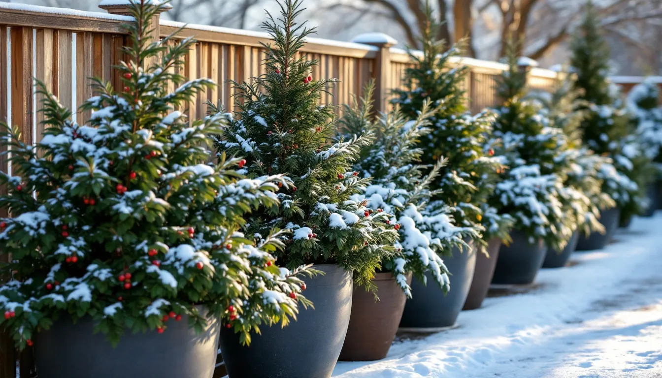 Auf einer verschneiten Terrasse stehen große Töpfe mit winterharten Kübelpflanzen, darunter verschiedene immergrüne Sträucher und Stauden, die einen lebendigen Kontrast zur weißen Schneedecke bilden. Diese Pflanzen bieten nicht nur Schutz vor Frost, sondern sind auch eine attraktive Oase im Wintergarten.