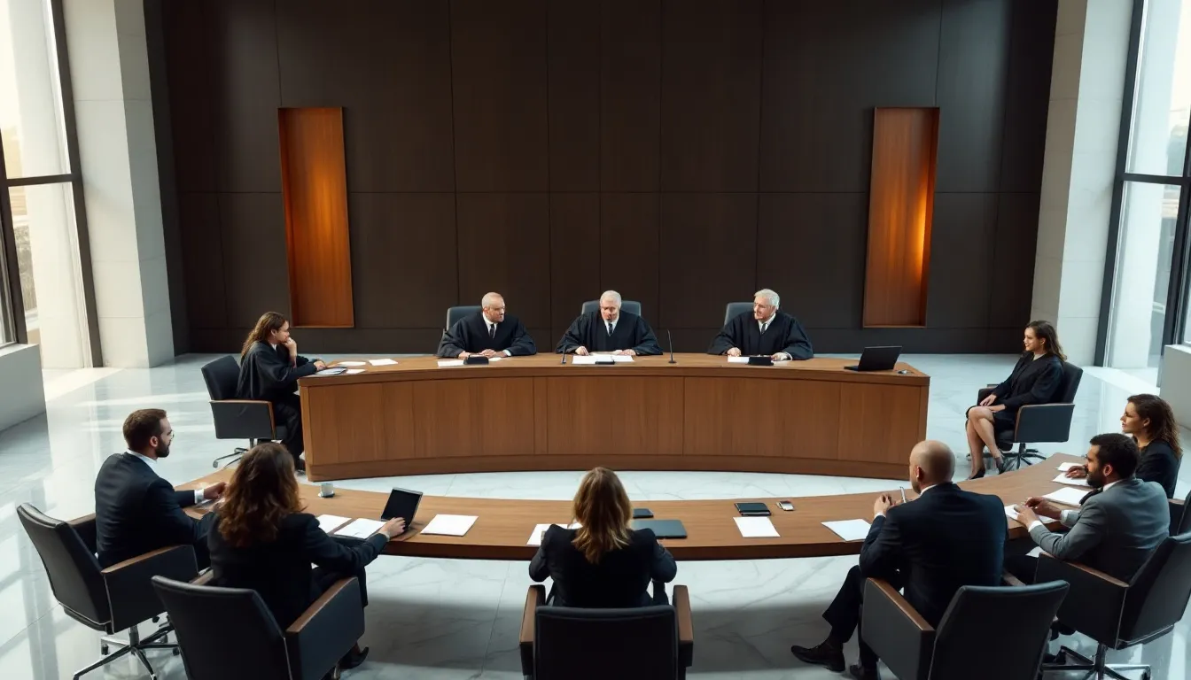 In de rechtszaal zijn rechters en advocaten bezig met de bespreking van de procedura en case management van een strafzaak. Ze overleggen over de inhoudelijke behandeling, waarbij onderwerpen zoals de voorlopige hechtenis en onderzoekswensen aan bod komen.