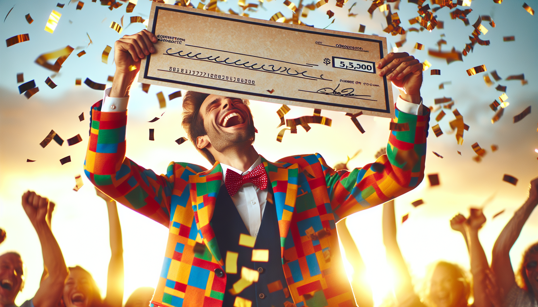 Illustration of a lottery winner holding a giant check