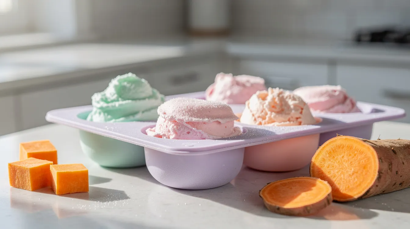 The image features colorful frozen yogurt dog treats in pastel silicone molds, arranged on a kitchen counter, with a mashed sweet potato nearby, suggesting a healthy homemade dog treat recipe. These delightful treats are perfect for furry friends and may include ingredients like cbd oil and coconut oil for added benefits.