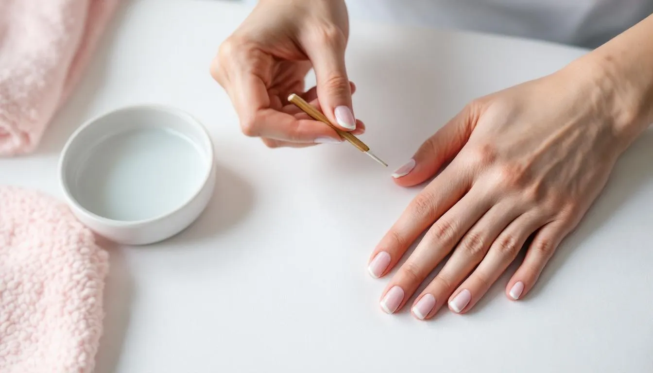 In the image, hands are receiving a professional cuticle treatment, with a technician gently applying cuticle oil and using a cuticle pusher to care for the nail cuticles. The treatment aims to hydrate dry cuticles and promote healthy nails, ensuring the cuticle area is clean and well-maintained.