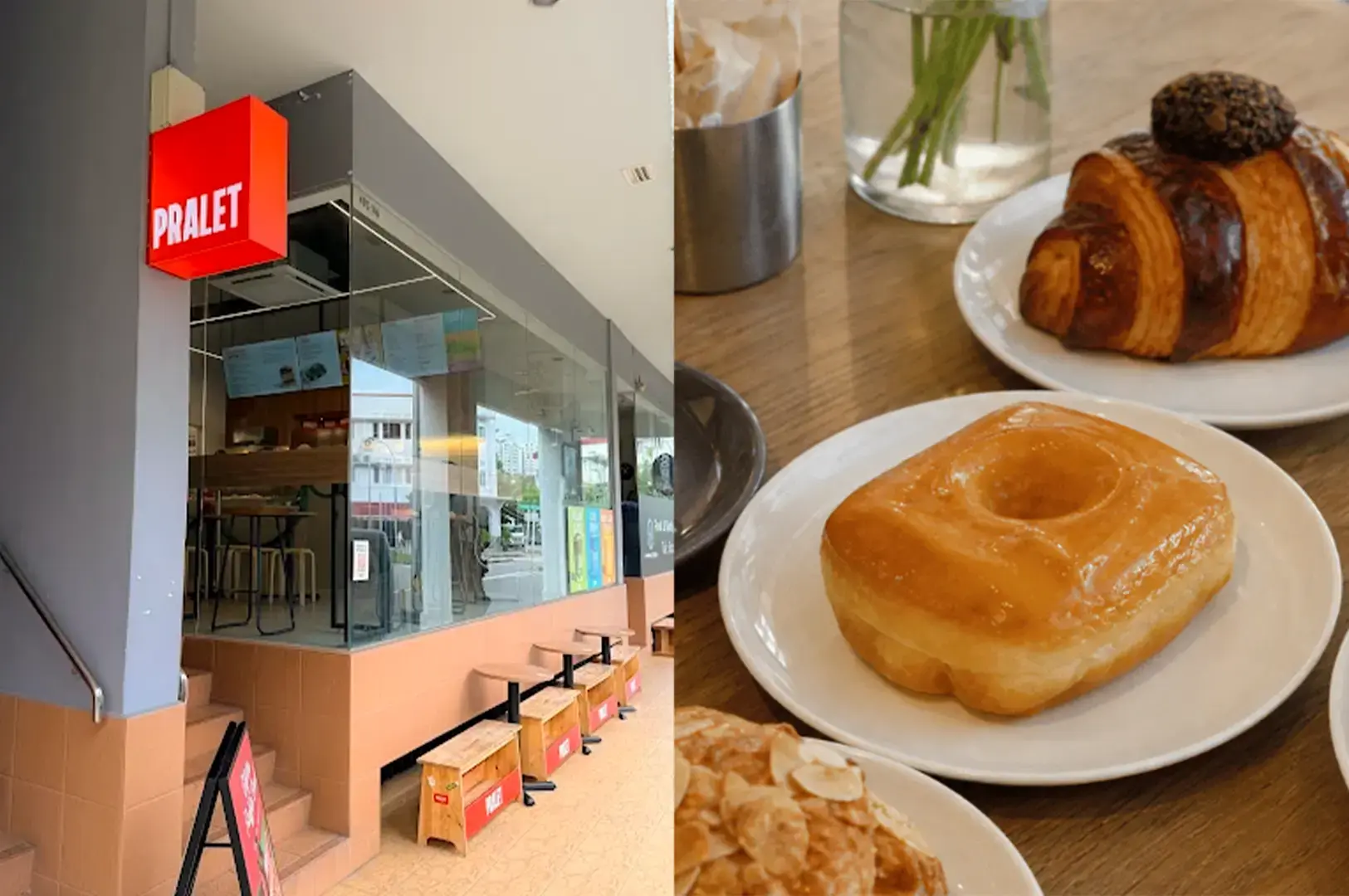 Pralet exterior with its red logo signage in front and their signature square doughnuts and croissant.