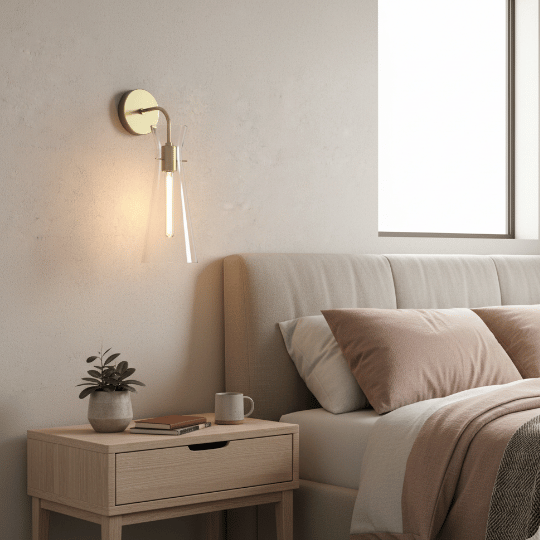 Modern glass wall sconce providing bedside lighting as an alternative to pendant lighting