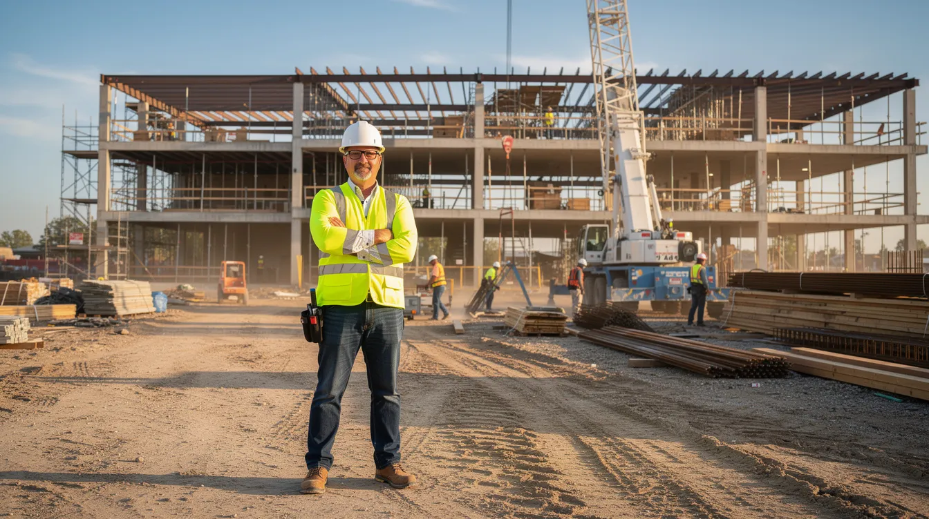 A superintendent in a safety vest stands on a bustling commercial construction site, overseeing the active work of the entire team, ensuring successful project delivery while managing resource constraints and aligning with strategic goals. The scene highlights the importance of effective project management in the construction industry.