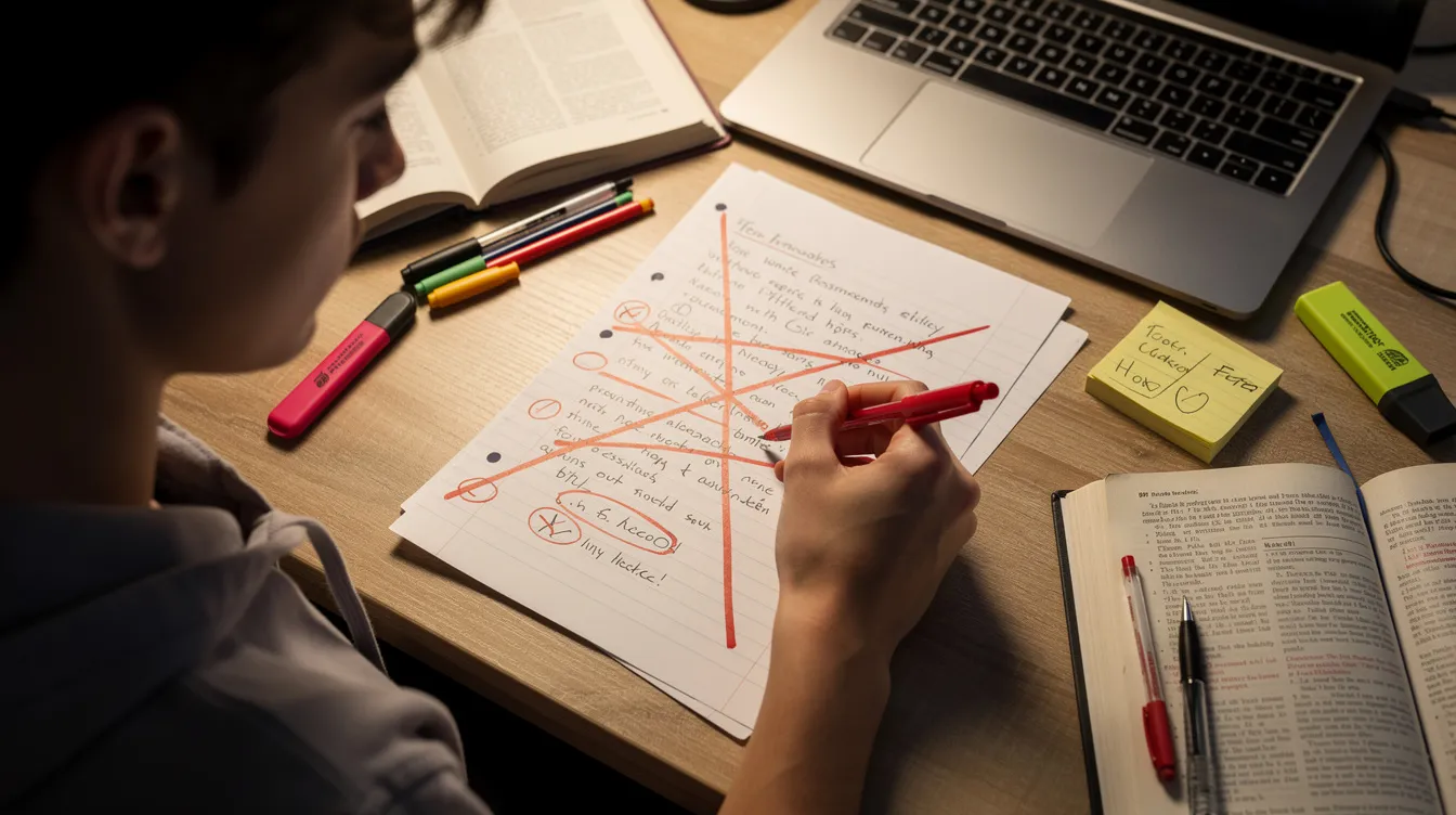 Na obrazku widzimy osobę, która czerwonym długopisem przekreśla błędy na kartce papieru podczas nauki. W tle znajdują się książki i notatki, co sugeruje, że intensywnie się uczy i stara się poprawić swoje umiejętności w języku angielskim.