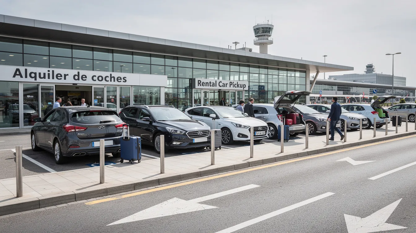 Imagen del exterior de la terminal del Aeropuerto Internacional Mohammed V en Casablanca, donde se pueden ver varios coches aparcados en la zona de recogida de vehículos de alquiler. Este espacio está diseñado para facilitar el alquiler de coches y la devolución de vehículos, ofreciendo comodidad a los viajeros que llegan a la ciudad.