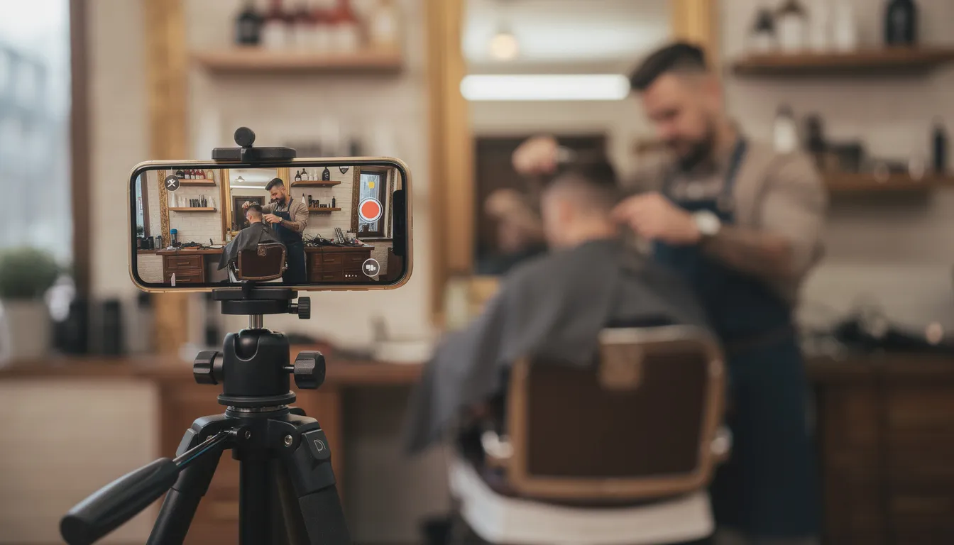 Un smartphone montado en un trípode graba a un barbero mientras realiza un corte de cabello a un cliente en su barbería. La imagen resalta la atención al detalle y las habilidades del barbero, ideal para crear contenido atractivo en redes sociales como Instagram y atraer más seguidores.