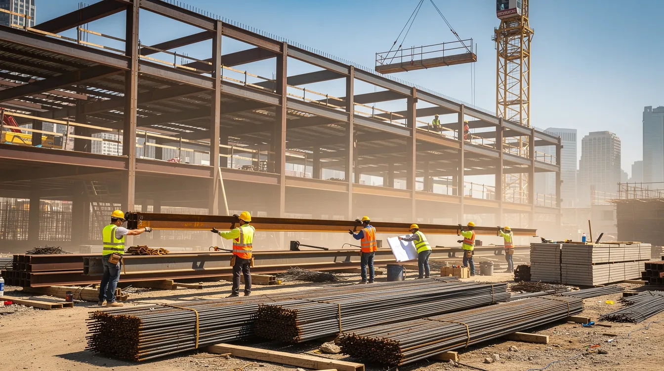 The image depicts a bustling construction site featuring steel framing, with several workers in hard hats actively engaged in building operations. This scene highlights the importance of safety and teamwork in the construction industry, crucial for ensuring the successful execution of projects that may involve complex agreements like a buy sell agreement for business ownership interests.