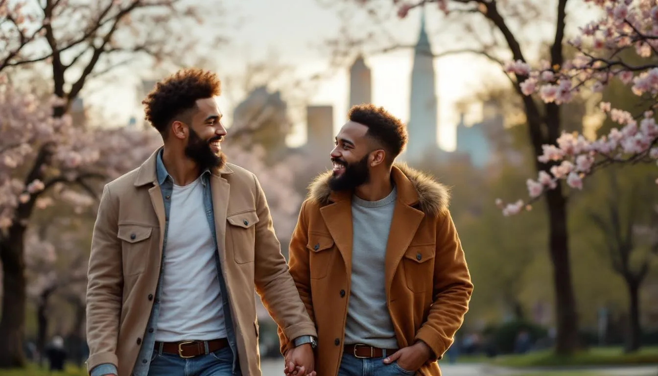 In this vibrant image, a diverse gay couple walks hand in hand through Central Park during early evening, their smiles reflecting emotional closeness and connection. The backdrop of spring trees and the NYC skyline emphasizes their intimate relationship, showcasing the success of their journey toward a healthier relationship dynamic filled with affection and understanding.