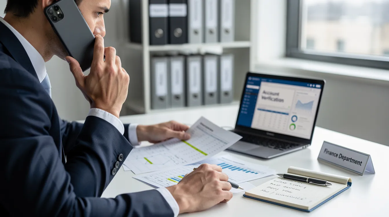 A person is seated at a desk, engaged in a phone call while reviewing financial documents, illustrating the importance of verifying information through proper channels to avoid scams. The scene emphasizes the need for identity verification and the use of secure communication methods like WhatsApp to prevent fraud.