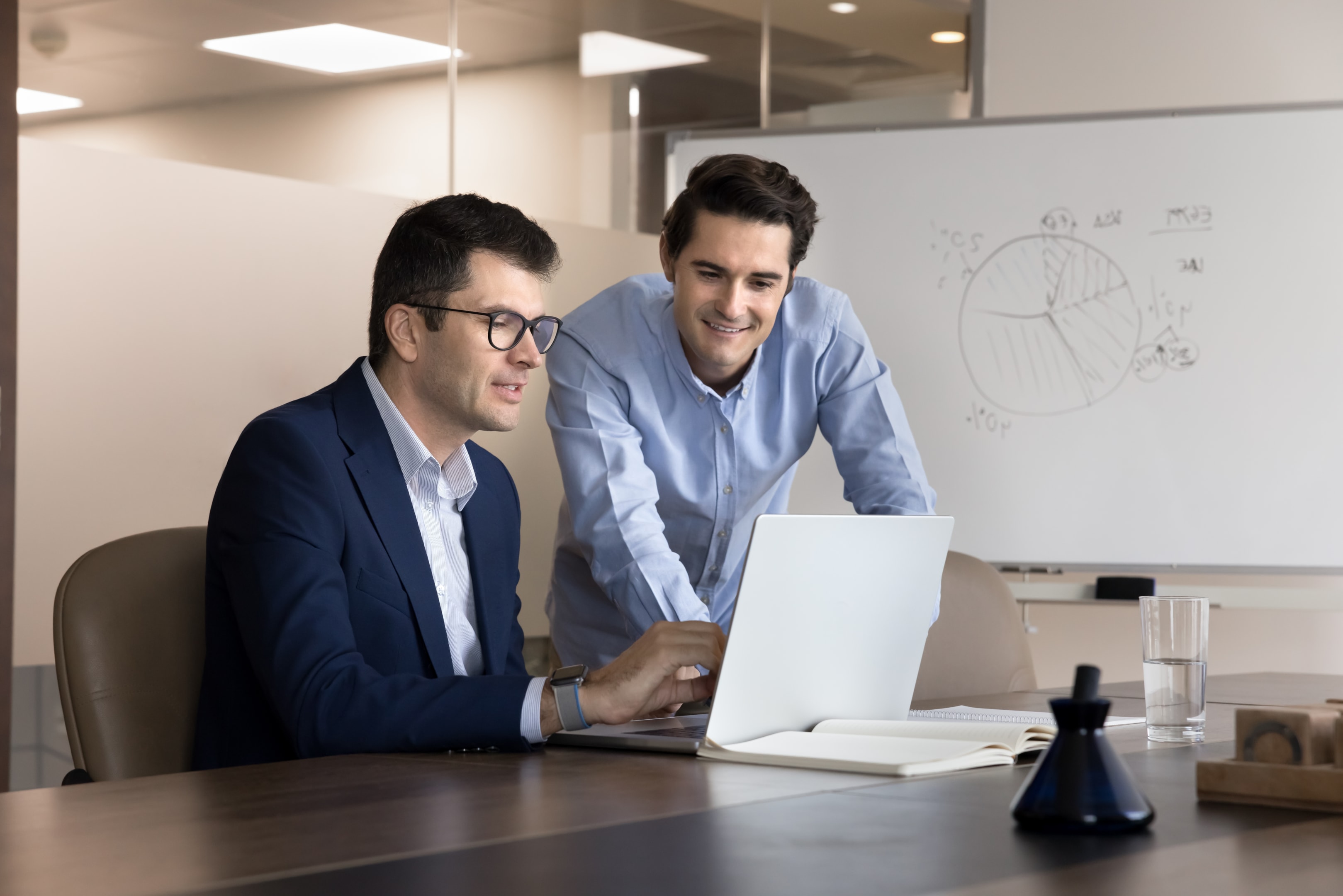 pracownicy omawiający schemat procesu sprzedaży