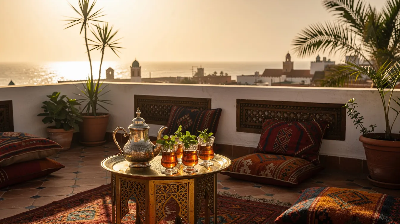 The image depicts a beautifully designed rooftop terrace in a Moroccan riad, adorned with mint tea glasses, overlooking the Atlantic Ocean at golden hour. The scene captures the essence of Essaouira, a UNESCO World Heritage site, with its stunning views and rich cultural ambiance.