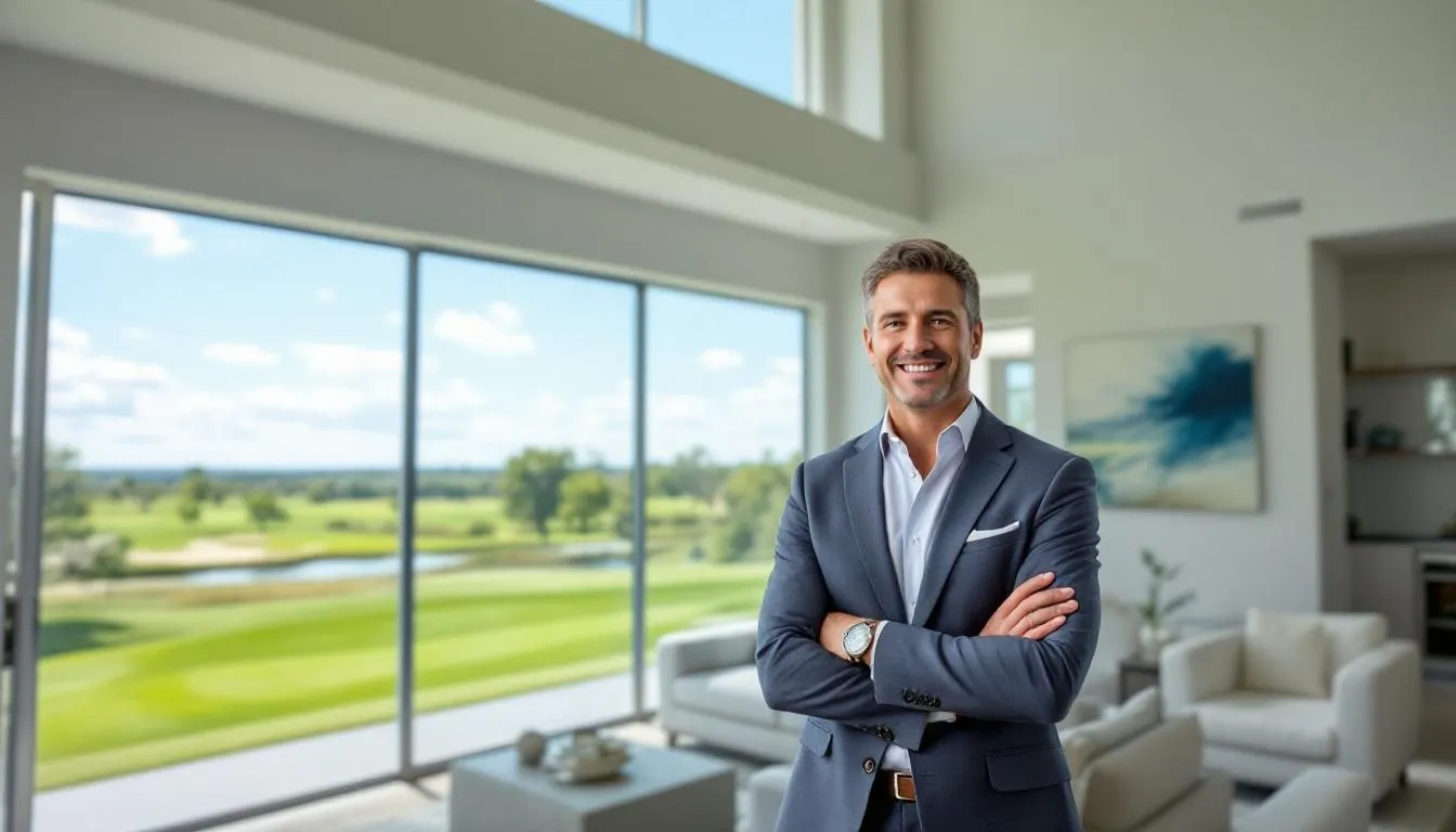 A real estate professional is showcasing a luxurious golf course home featuring a spacious living room with soaring ceilings and a glass balcony that overlooks the fairway. This stunning residence offers a perfect blend of indoor and outdoor living, ideal for enjoying the scenic beauty of Marco Island's golf course communities.
