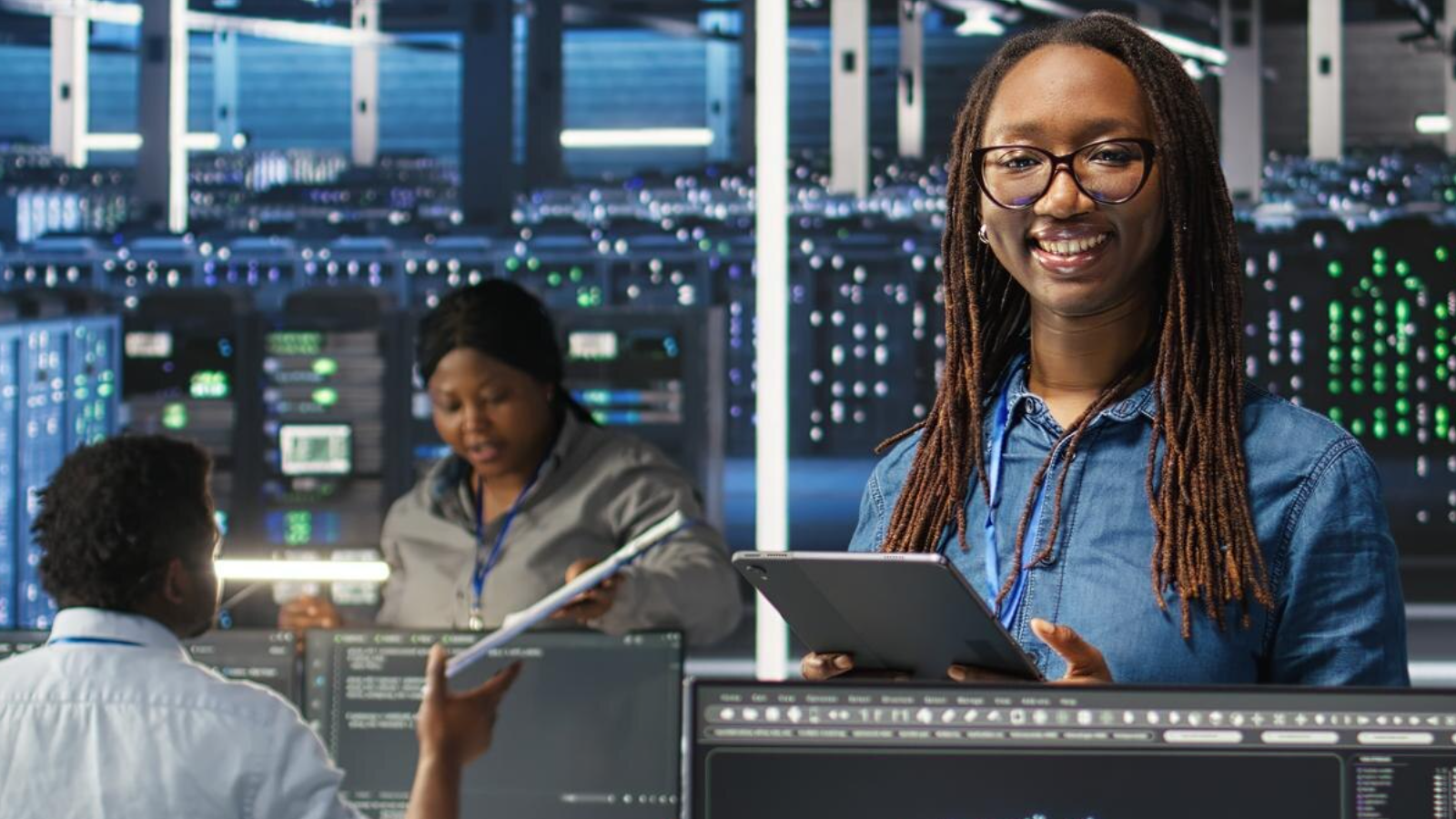 Team in server room coordinating with tablets, ensuring continuity and cloud app access across multiple locations.