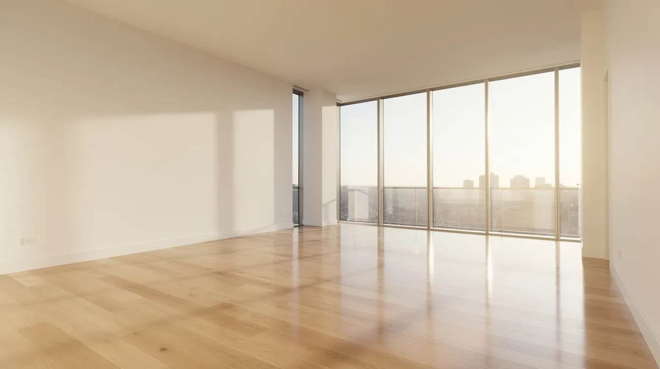 The image depicts an empty apartment featuring clean hardwood floors and large windows that allow natural light to flood the space, creating a bright and welcoming atmosphere. This meticulously clean living space is ideal for those seeking professional cleaning services or deep house cleaning services in Abu Dhabi.
