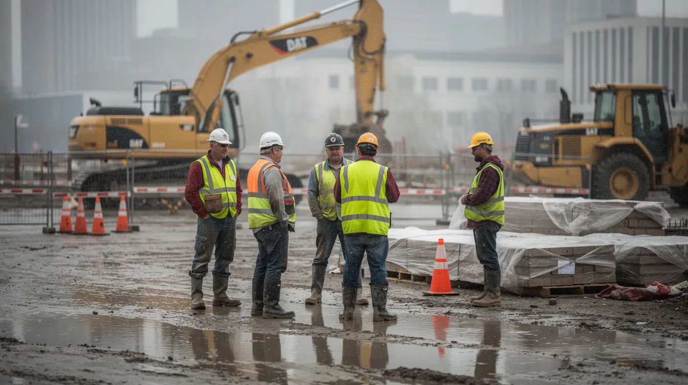 The image shows workers standing idle at a rain-soaked construction job site, with heavy equipment parked nearby, highlighting the impact of weather-related delays on construction projects. Such conditions can lead to construction delay claims and may affect the project's critical path and completion date.