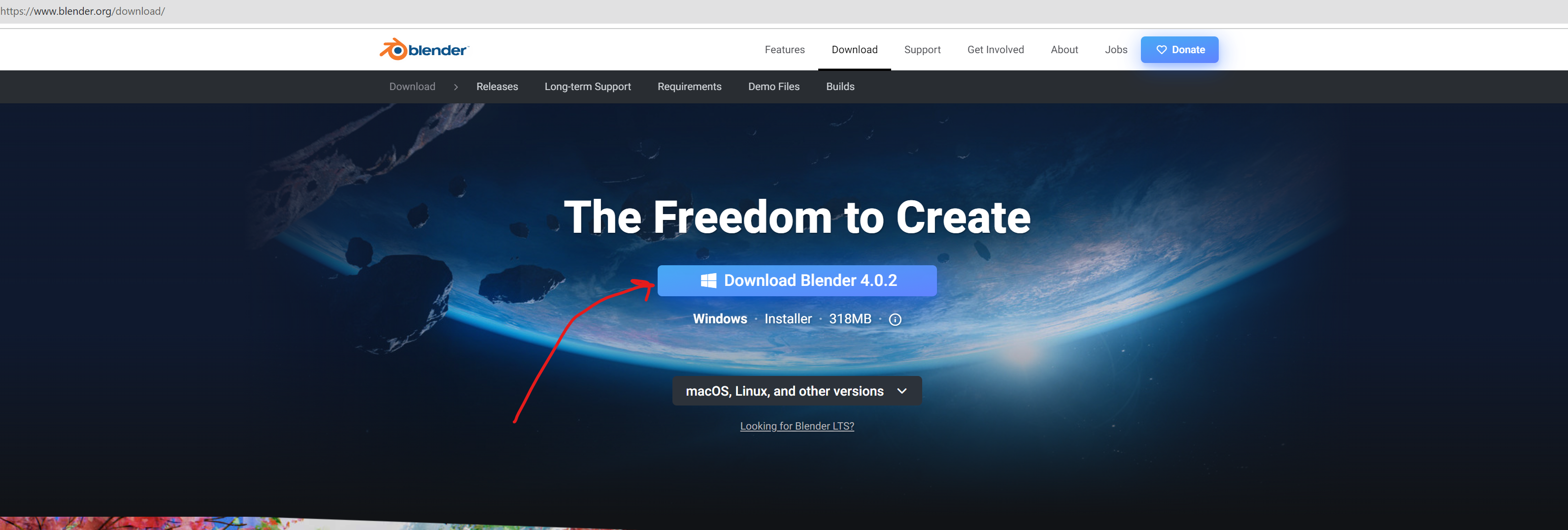 A picture of the main download page for Blender