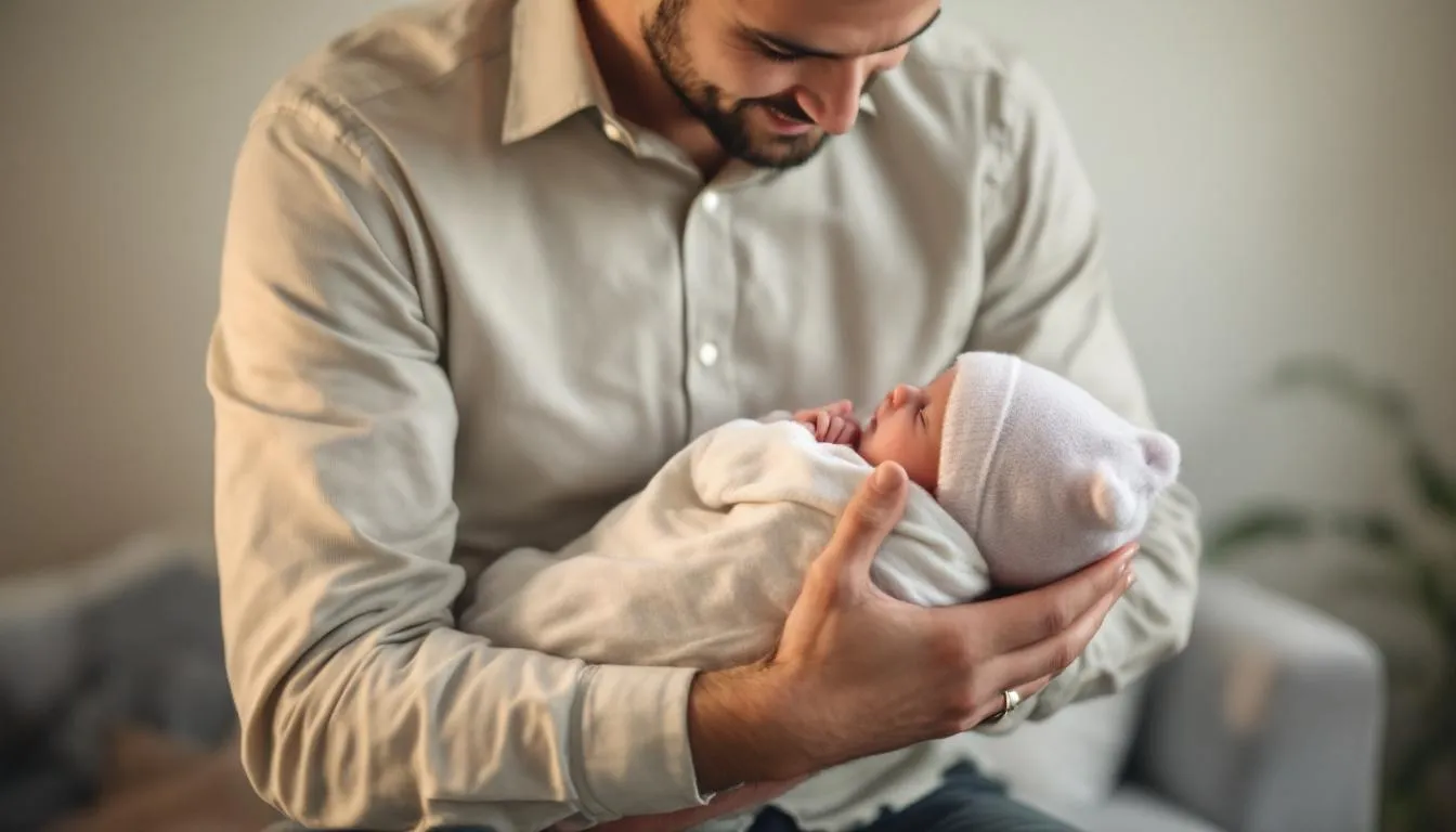 Ein Vater hält sein neugeborenes Baby liebevoll im Arm, was symbolisch für den Anspruch auf Sonderurlaub bei der Geburt des eigenen Kindes steht. Dieses Bild repräsentiert die Bedeutung von Vaterschaftsurlaub und die Unterstützung von Arbeitgebern für Väter und Partner in der Zeit nach der Geburt.