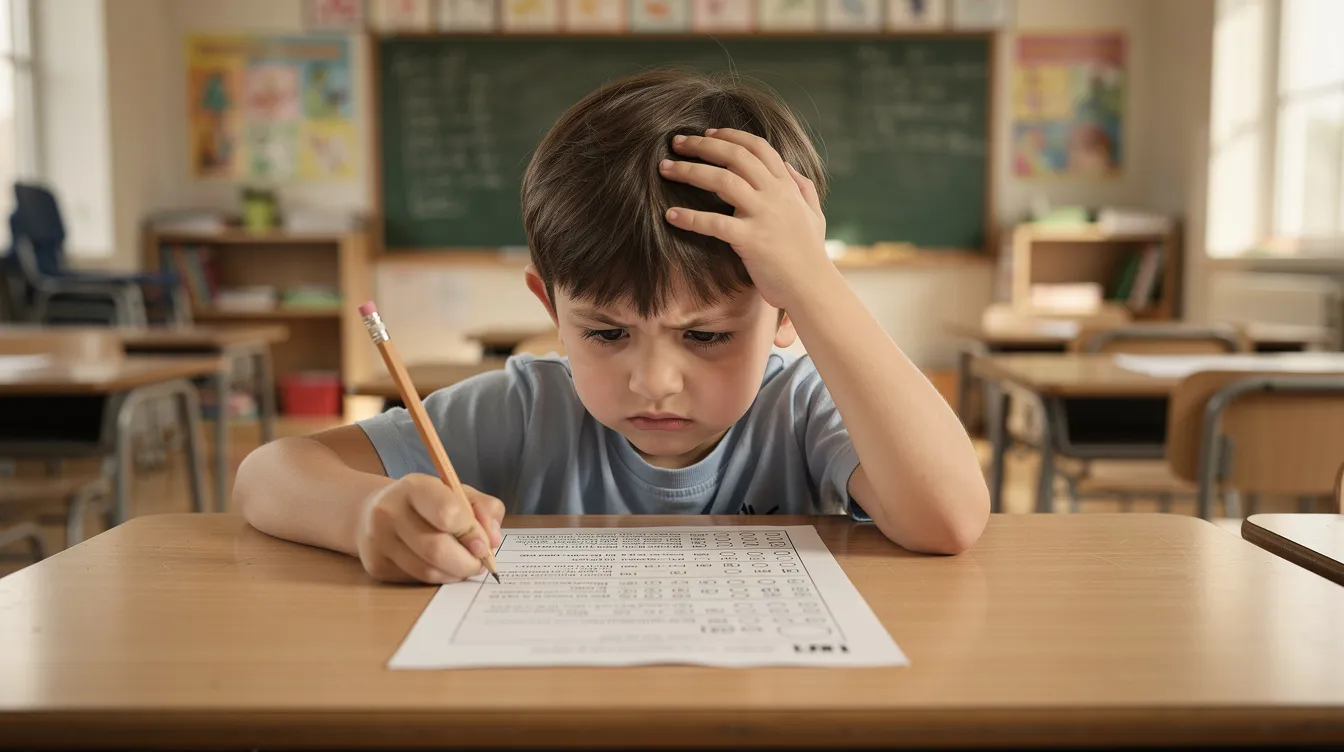 A child sits at a school desk, intently gazing at an exam paper with a thoughtful yet slightly frustrated expression, reflecting the anxiety that can lead to careless mistakes during actual exams. The scene captures the pressure students face, as they strive to double check their answers while battling cognitive overload and the fear of losing marks.