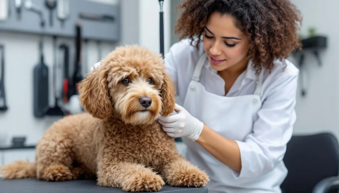 A professional groomer is carefully working on a curly-haired dog, using specialized tools like a slicker brush and wide-toothed comb to maintain the dog
