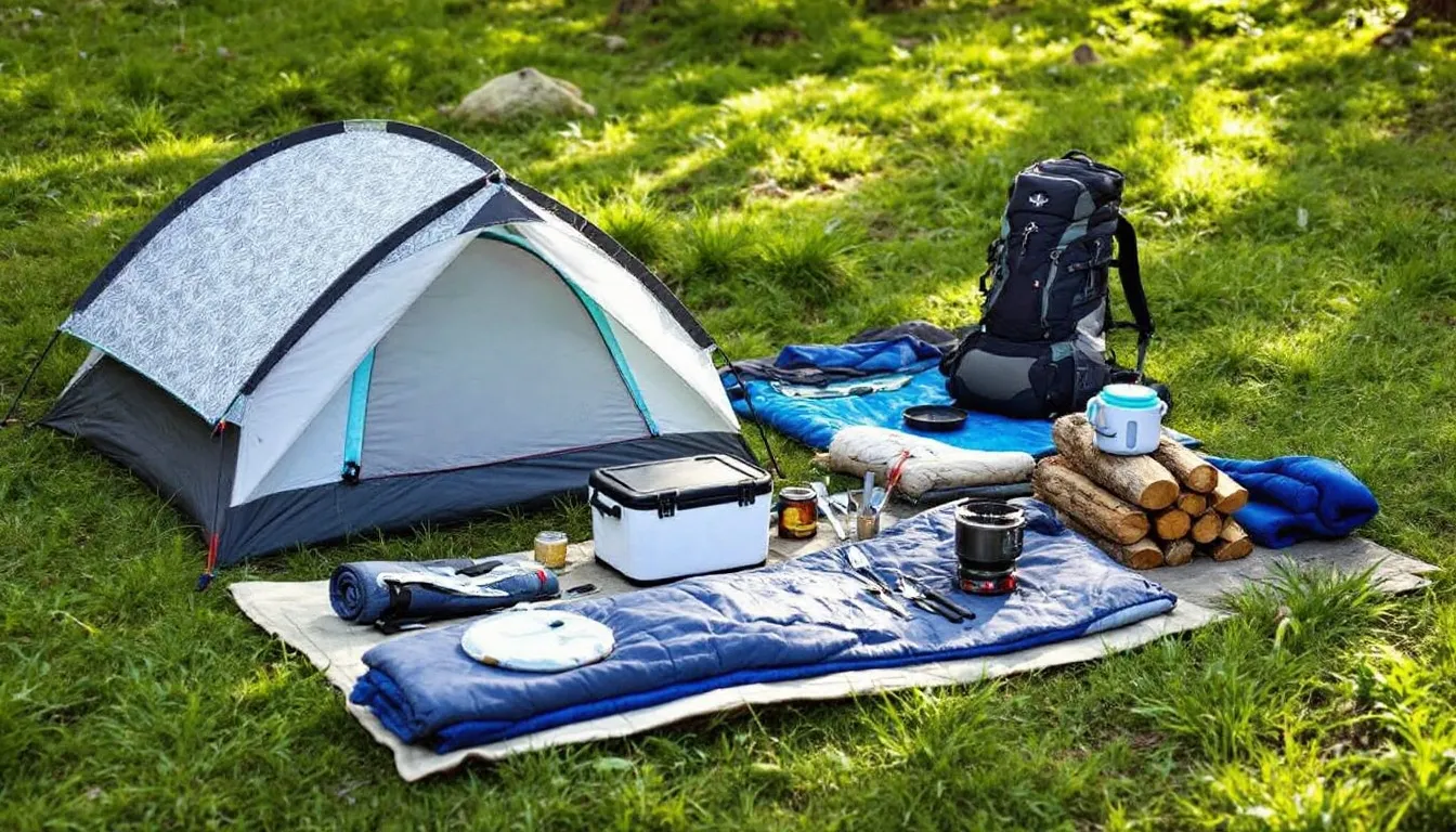 An organized display of essential camping gear is set out on green grass, featuring a camping tent, sleeping bags, cooking equipment, and a first aid kit, perfect for beginner campers preparing for their first camping trip. This comprehensive list of gear ensures a good night's rest and makes outdoor adventures enjoyable.