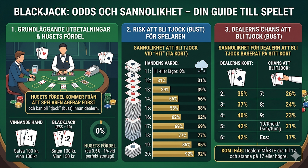 Blackjack odds och sannolikhet – risk att bli tjock, dealerns chans och regler för att ta kort eller stanna