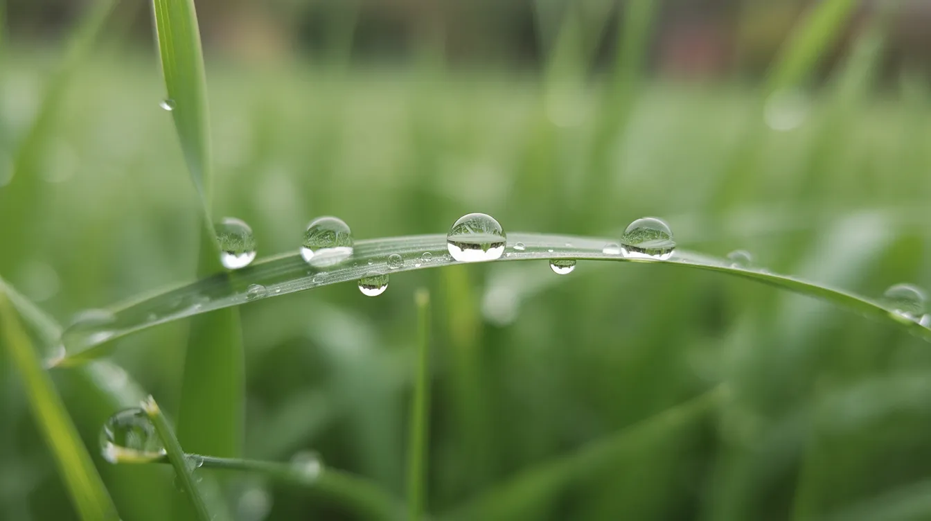 The image shows raindrops glistening on bright green grass blades in a garden, highlighting the healthy lawn's vibrant color and moisture. This scene emphasizes the importance of maintaining proper grass height and soil moisture, especially during early spring when the lawn is most vulnerable.