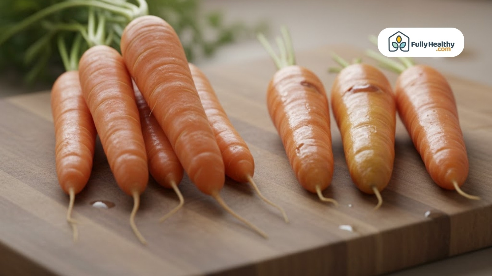 Whole carrots and baby carrots arranged side by side on cutting board