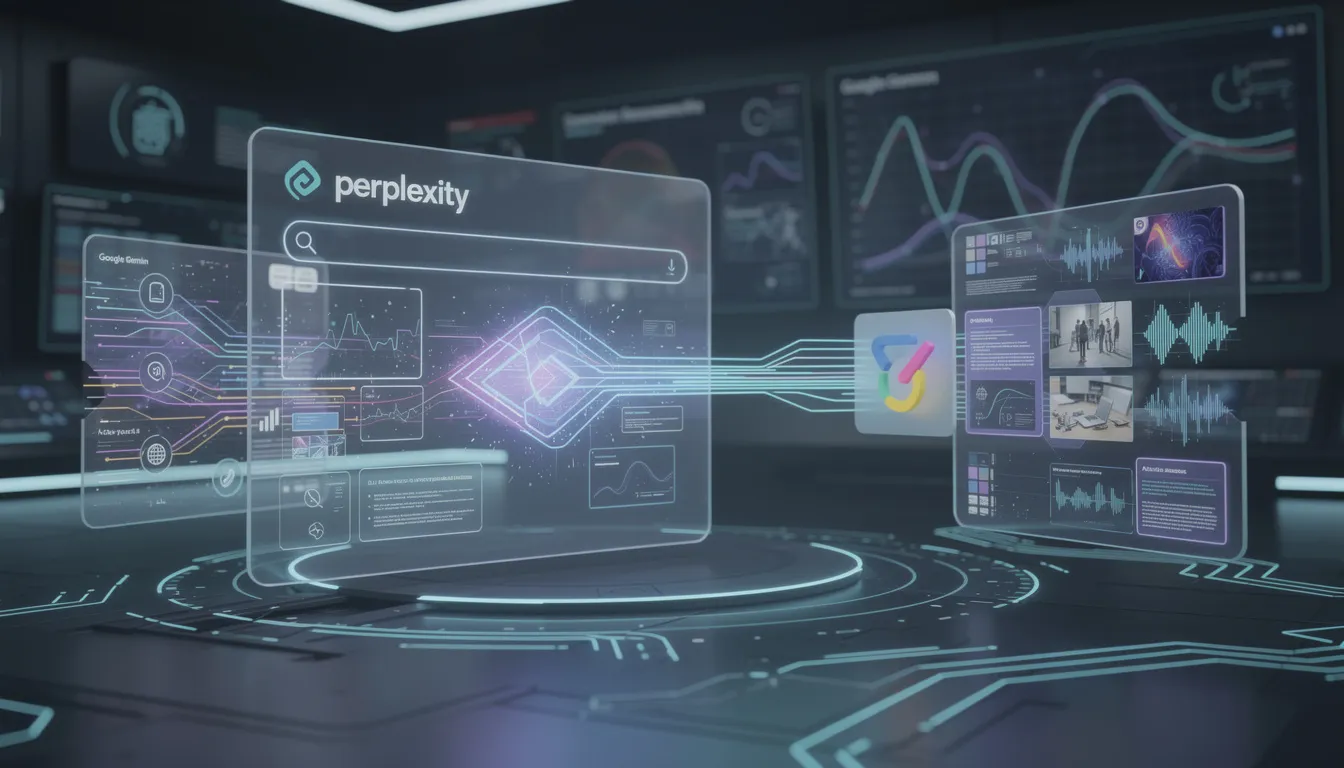 The image depicts a modern digital interface showcasing Perplexity AI Inc’s search engine, highlighting its integration with advanced AI models like Google Gemini. This interface emphasizes features such as guided AI search, real-time insights, and the ability to summarize complex topics, all aimed at providing users with accurate answers and a deeper understanding of their queries.