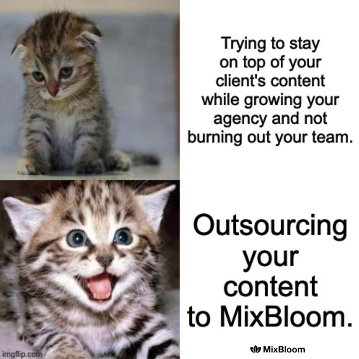 Trying to stay on top of your client's content while growing your agency and not burning your team... versus outsourcing your content to MixBloom