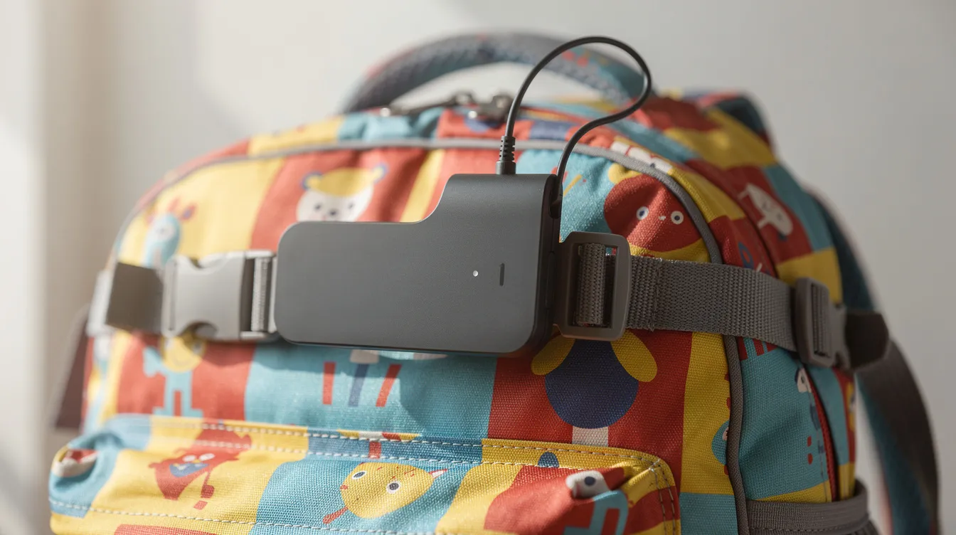 The image shows a small GPS tracking device securely clipped to a vibrant, colorful backpack belonging to a child, highlighting the use of portable trackers for personal safety and location tracking. This compact device is designed to provide real-time tracking and alerts, ensuring peace of mind for parents.
