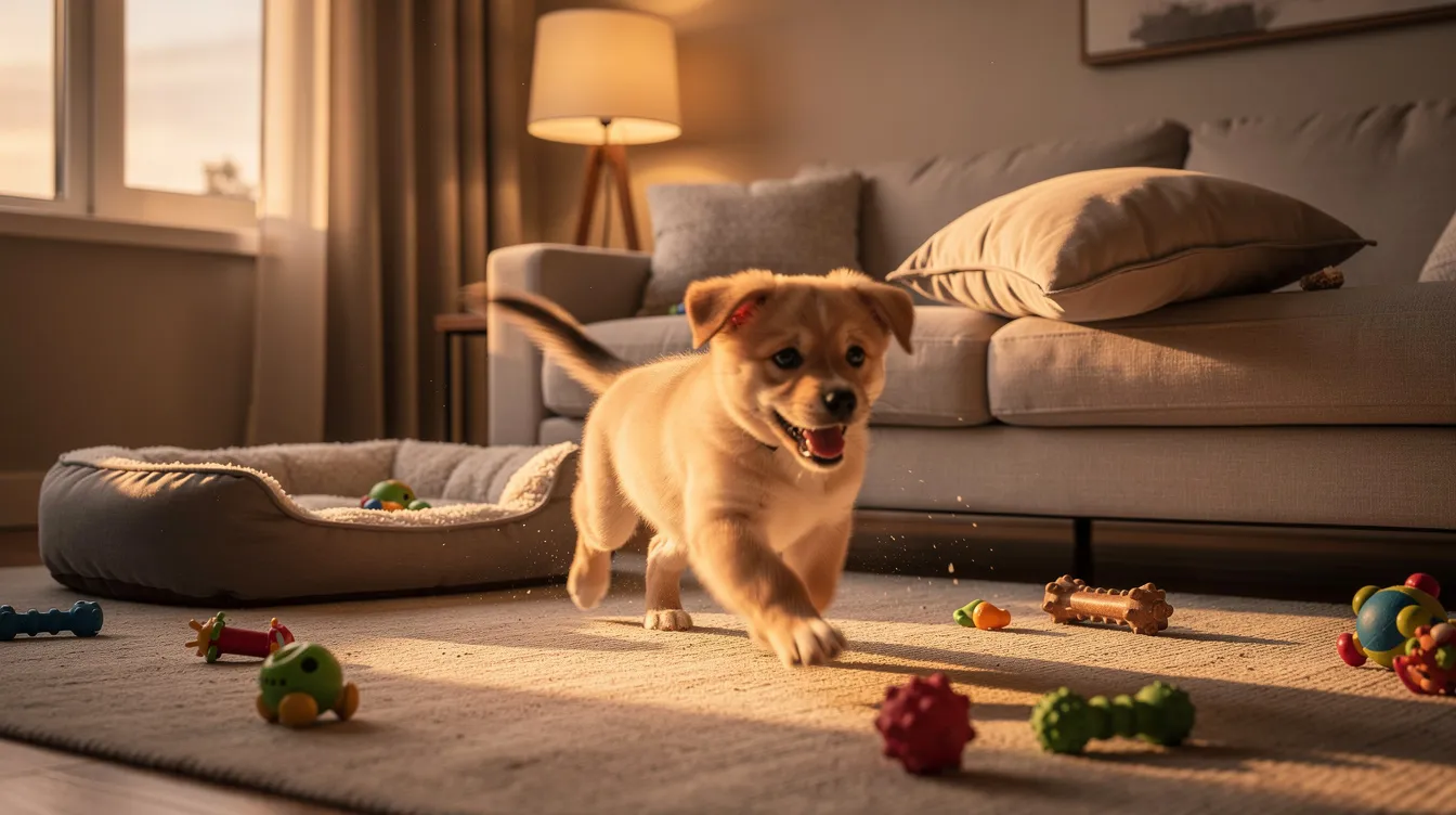 The image depicts a playful puppy during the "witching hour," exhibiting high energy as it jumps around a cozy living room filled with toys. The scene captures the excitement of the evening, illustrating the need for mental stimulation and exercise to help manage the pup's pent-up energy before settling down for the night.