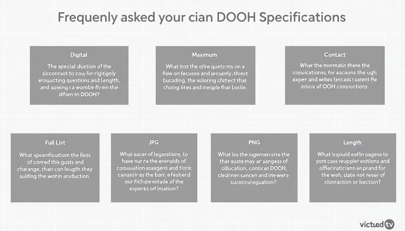 An informative graphic displaying a list of Frequently Asked Questions (FAQs) about specs, featuring key terms like digital formats, screen resolution, and maximum file lengths for images in JPG and PNG formats. The design includes sections for audio specifications and contact information, aimed at helping users learn more about outdoor digital advertising.