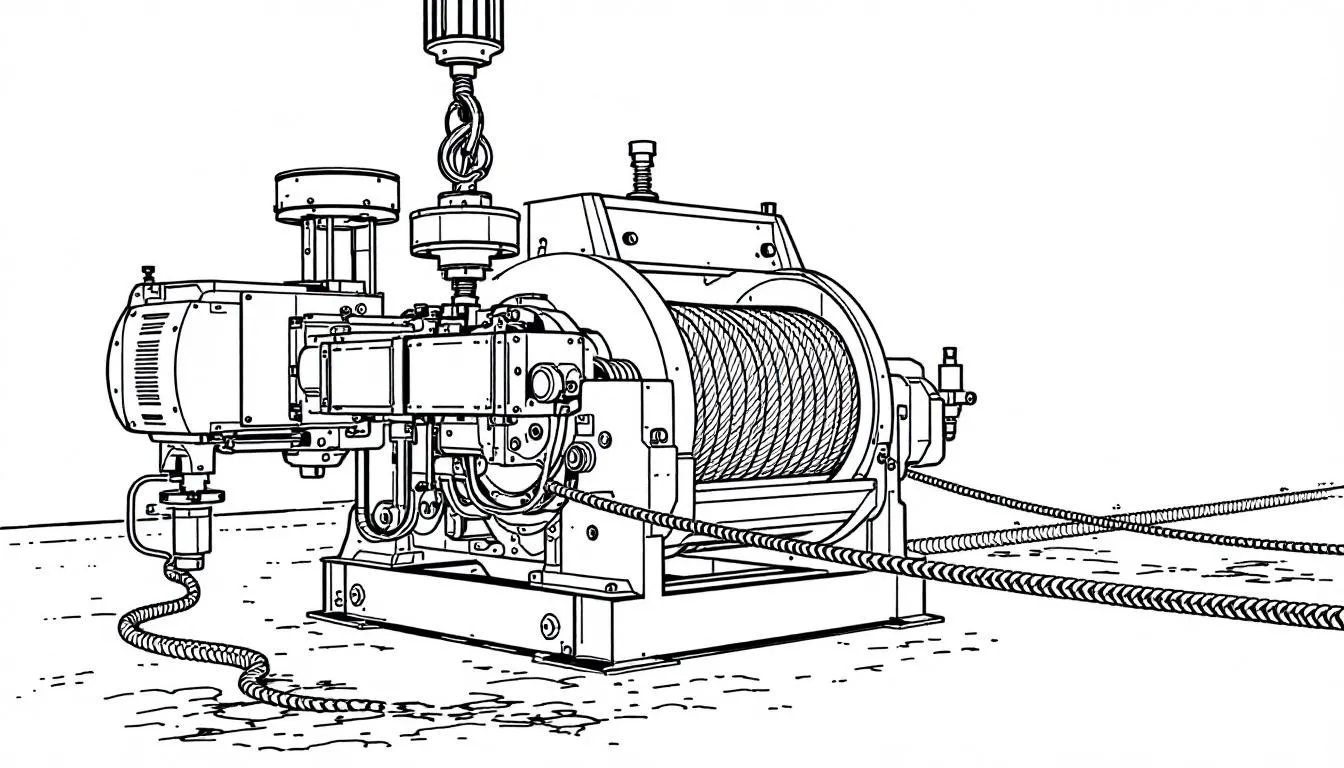 A hydraulic winch with steel rope being used in a construction site.