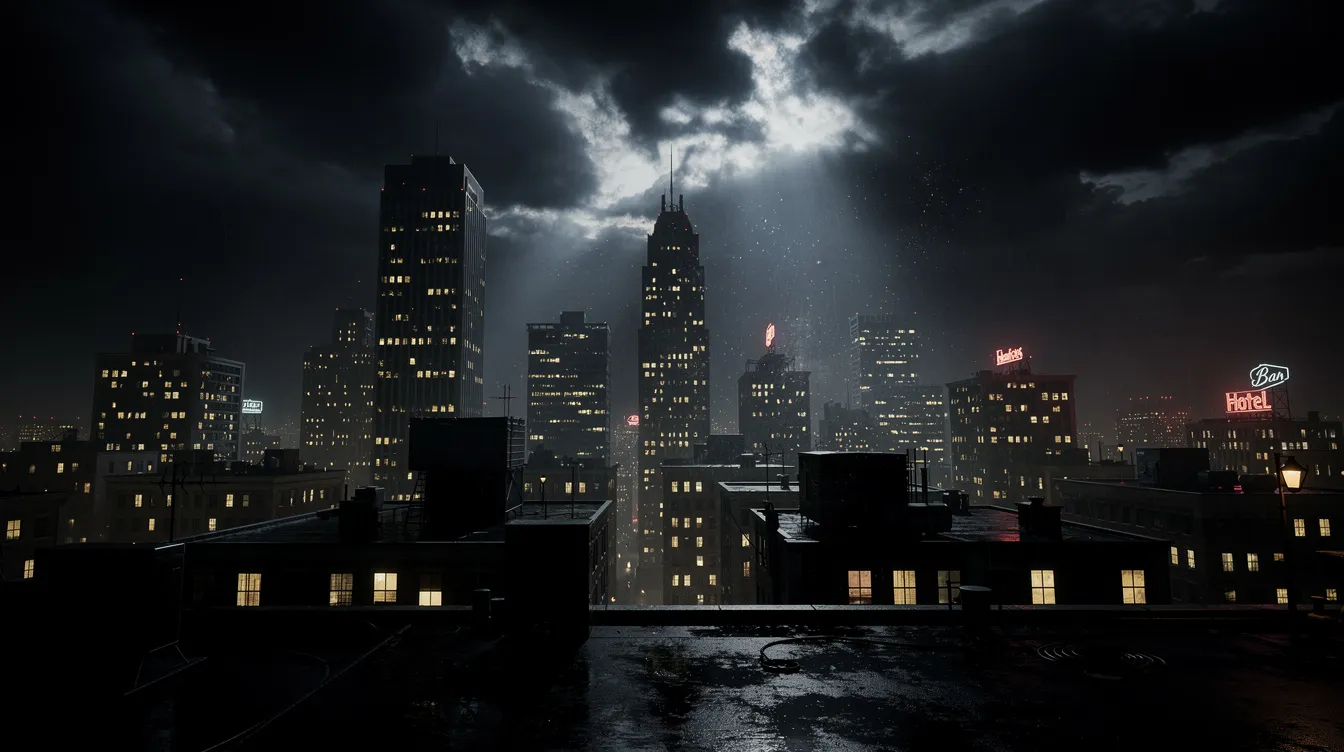 Die düstere Großstadtskyline bei Nacht zeigt eine beeindruckende Film-Noir-Ästhetik mit dramatischen Wolkenformationen und vereinzelten Lichtquellen, die an die Atmosphäre von Filmen wie "Blade Runner" oder "The Dark Knight" erinnern. Diese Szene vermittelt ein Gefühl von Spannung und Geheimnis, das oft in der Filmmusik von Komponisten wie Hans Zimmer zu hören ist.