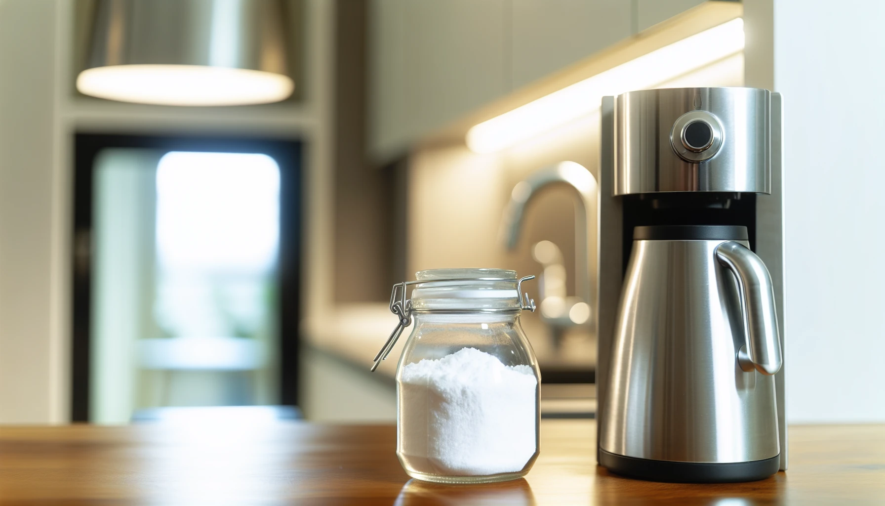 A jar of baking soda next to a coffee maker