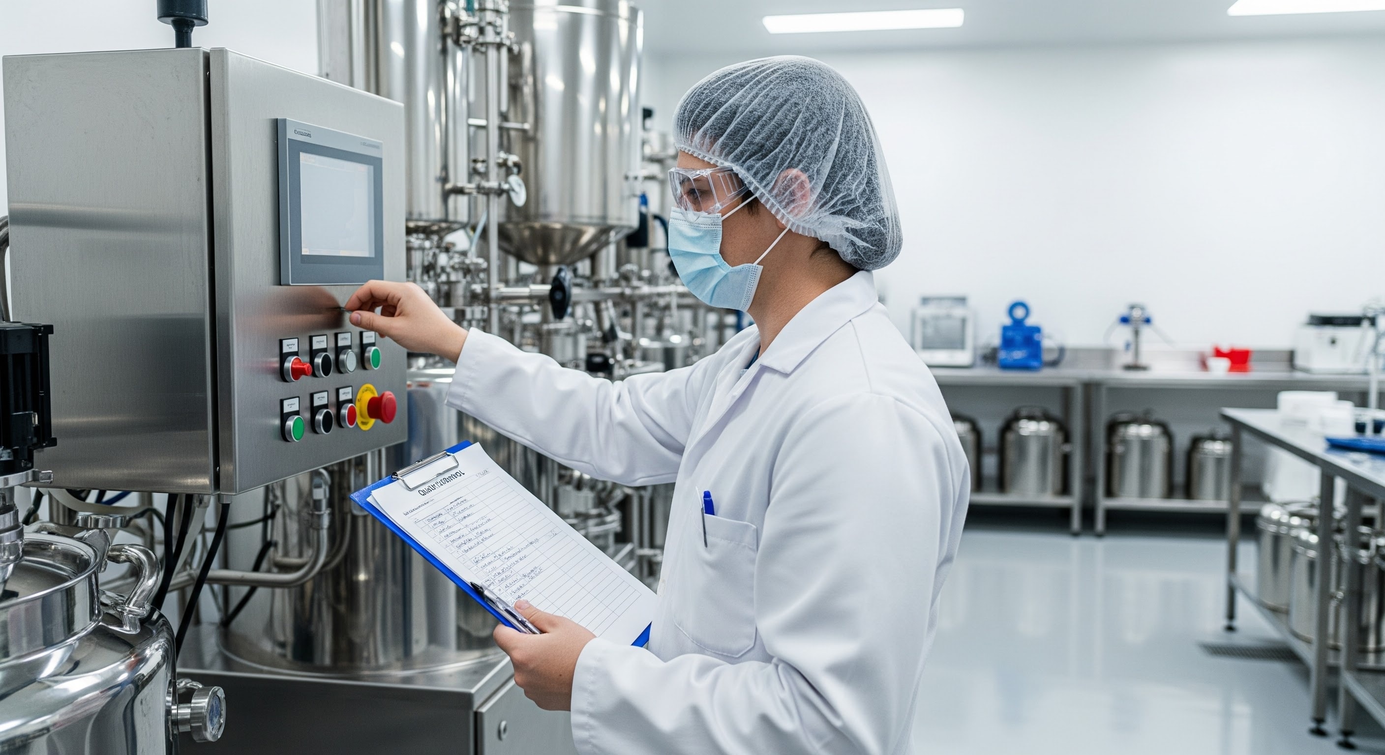 lab technician in sterile facility operating stainless steel beverage processing equipment, clipboard for QC