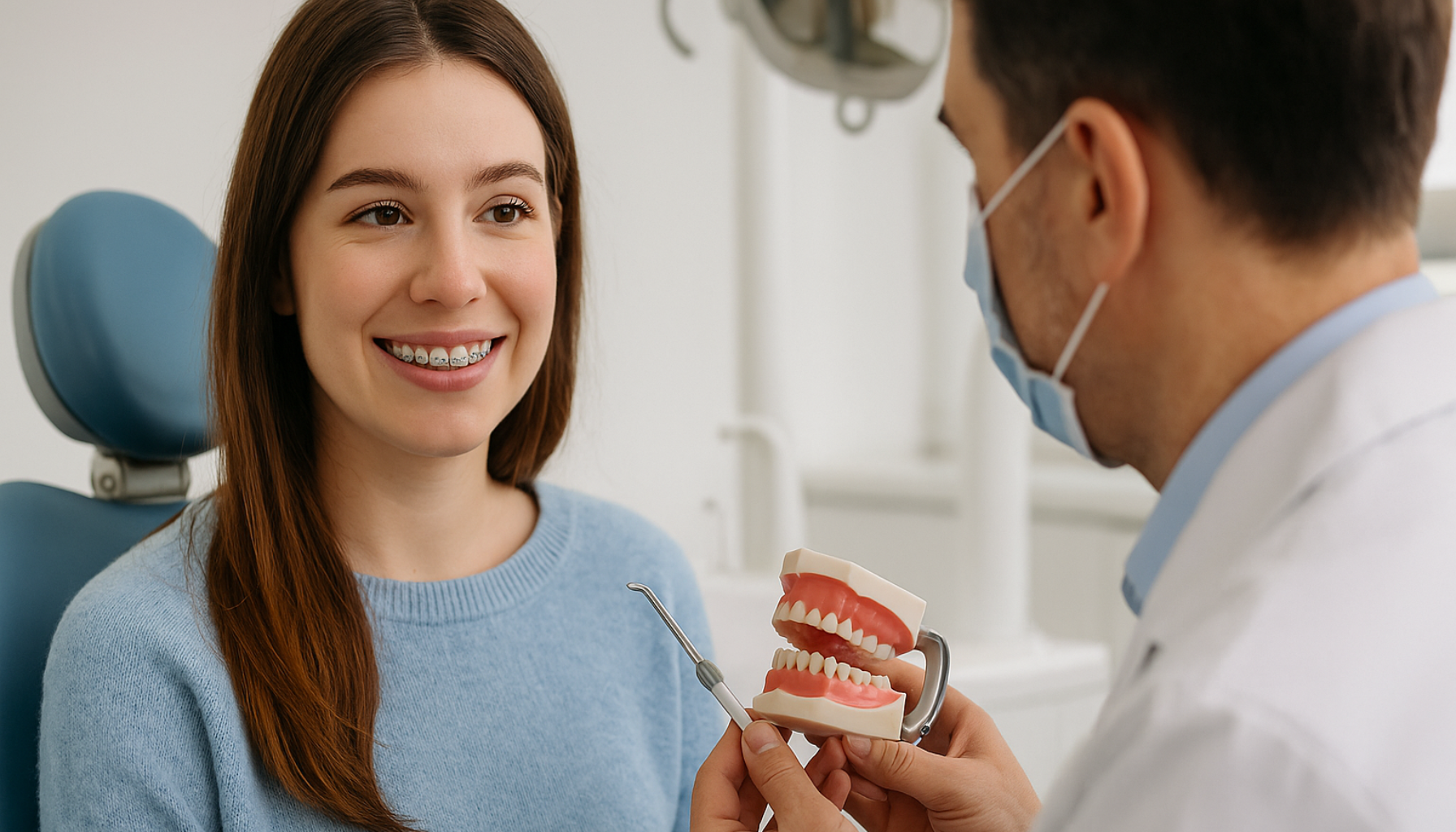 Kjeveortoped i Oslo forklarer kostnader for tannregulering til pasient.