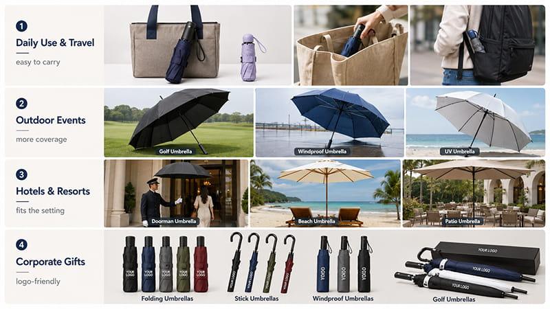 Umbrella types by use case for travel, outdoor events, hotels, resorts, and corporate gifts