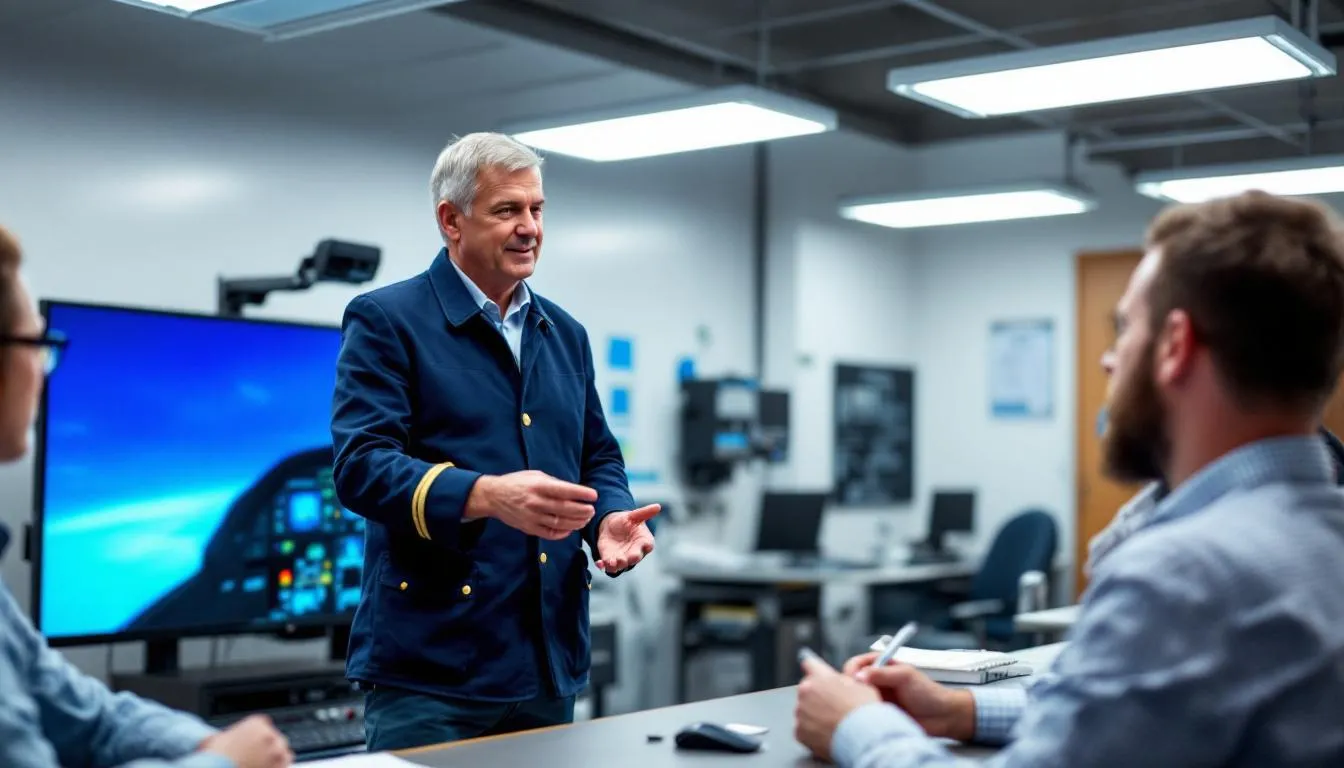 In the image, an instructor at an aviation flight school is actively training aspiring pilots, surrounded by training materials and documents related to flight training financing. The atmosphere is focused on helping students achieve their aviation dreams through comprehensive instruction and guidance in the pilot training process.