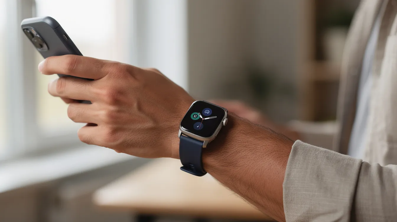 A person is wearing a smartwatch on their wrist while looking at their phone, possibly checking their sleep metrics or sleep tracker data to improve their sleep quality and habits. The scene highlights the use of wearable devices for monitoring sleep patterns and optimizing overall health.