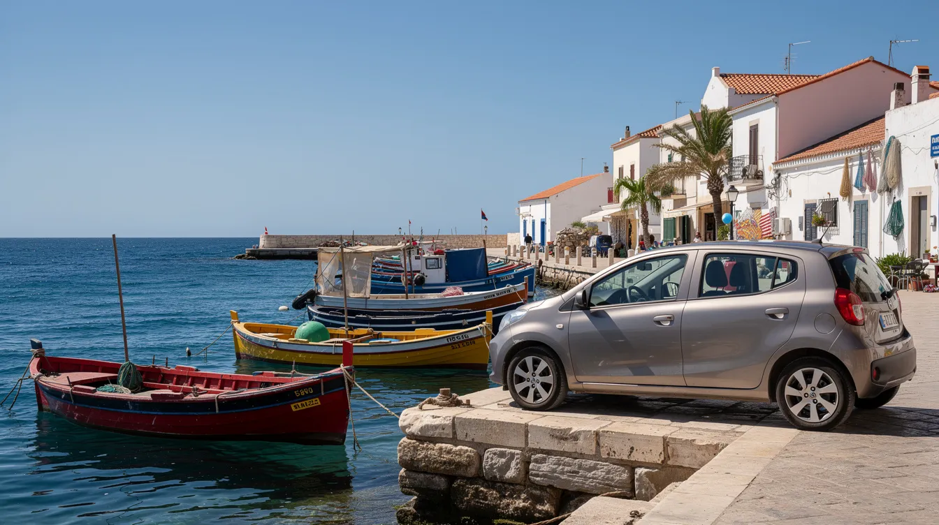 Petite voiture garée près d'un port de pêche méditerranéen aux barques colorées.