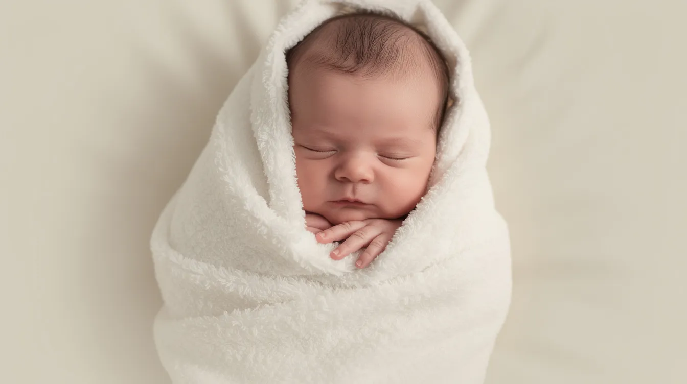 Ein schlafendes Neugeborenes, sanft in eine weiche weiße Decke gehüllt, liegt auf einem hellen Hintergrund. Der Name "Marie", eine beliebte Wahl für Mädchen, könnte in Gedanken an die geliebte Bedeutung und Herkunft dieses klassischen Vornamens stehen.